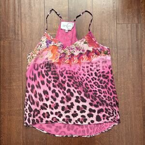 Analili 100% Silk Pink Floral & Leopard Camisole, Maximalist Resort Wear Size XS
